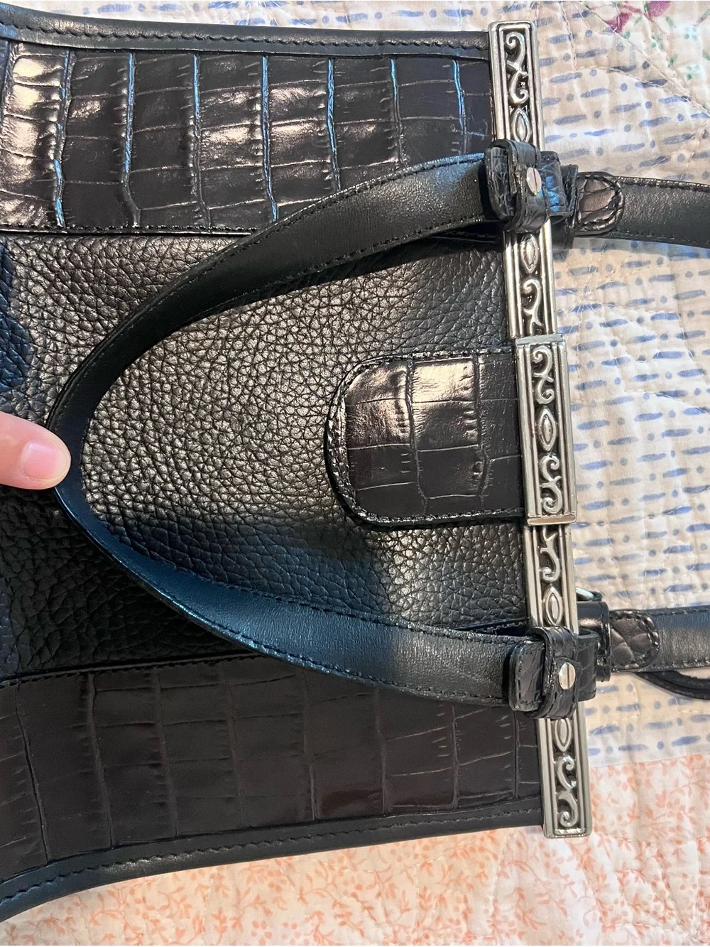 Brighton Black Leather Croc Embossed Handbag